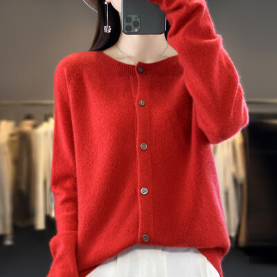 Ilgomis rankovėmis moteriškas megztinis kašmyro trikotažas 100% grynos merino vilnos megztinis O formos kaklo megztinis megztinis pavasariui ir rudeniui.