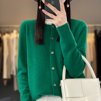 Ilgomis rankovėmis moteriškas megztinis kašmyro trikotažas 100% grynos merino vilnos megztinis O formos kaklo megztinis megztinis pavasariui ir rudeniui.