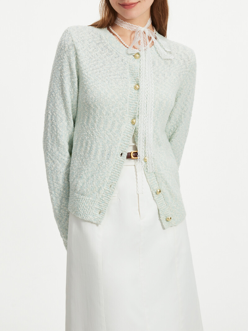 FSLE Pleteni kardigan dugih rukava s okruglim izrezom za žene 2024., novi dizajn u francuskom stilu, elegantni gornji dio od cvjetne pređe 24FS13141