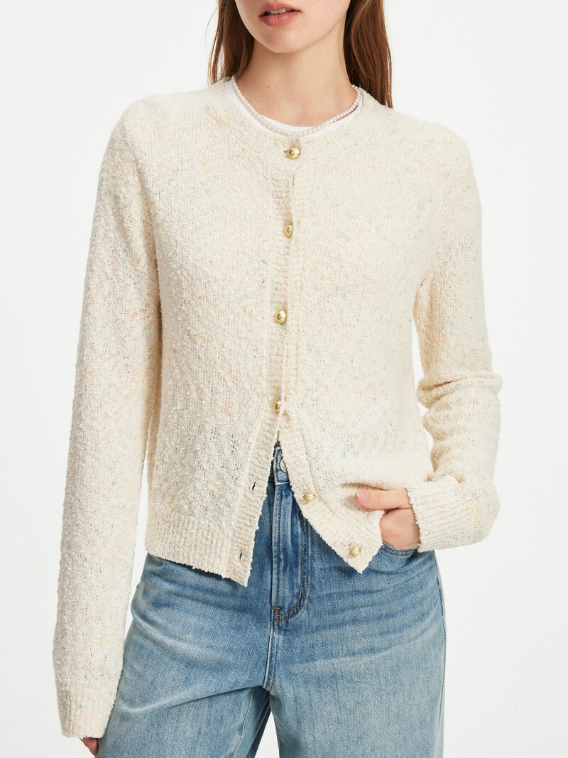 FSLE Pleteni kardigan dugih rukava s okruglim izrezom za žene 2024., novi dizajn u francuskom stilu, elegantni gornji dio od cvjetne pređe 24FS13141