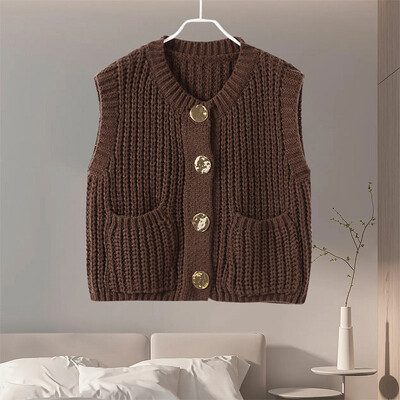 Vestă lejeră din tricot, pentru femei, cu gât rotund, cu un singur piept, fără mâneci, pentru femei, 2024, la modă de toamnă, cu buzunare, tricotaje