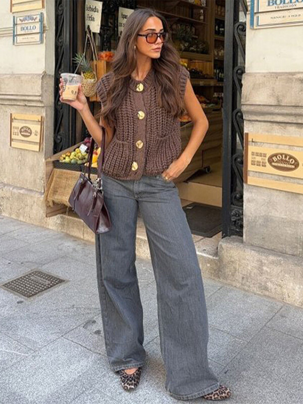 Vestă lejeră din tricot, pentru femei, cu gât rotund, cu un singur piept, fără mâneci, pentru femei, 2024, la modă de toamnă, cu buzunare, tricotaje