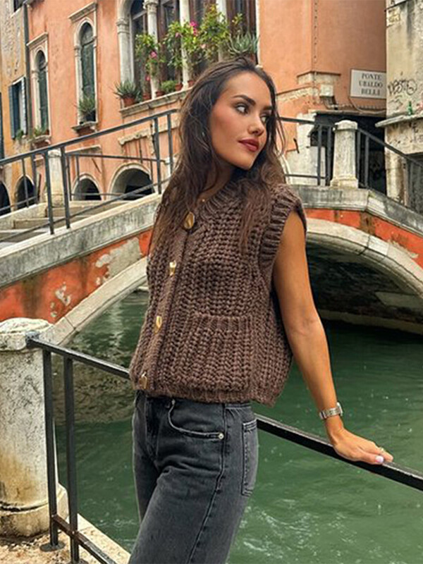 Vestă lejeră din tricot, pentru femei, cu gât rotund, cu un singur piept, fără mâneci, pentru femei, 2024, la modă de toamnă, cu buzunare, tricotaje