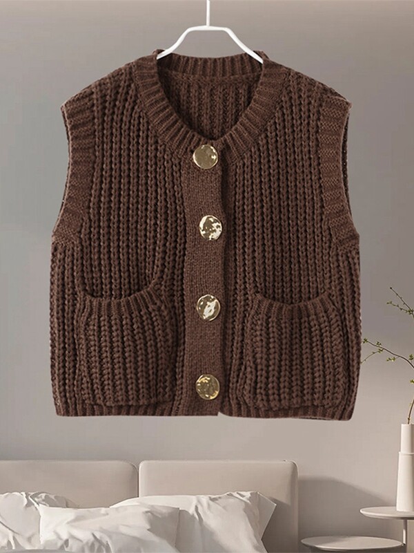 Vestă lejeră din tricot, pentru femei, cu gât rotund, cu un singur piept, fără mâneci, pentru femei, 2024, la modă de toamnă, cu buzunare, tricotaje