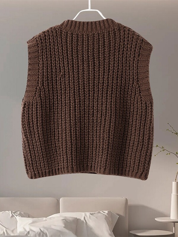 Vestă lejeră din tricot, pentru femei, cu gât rotund, cu un singur piept, fără mâneci, pentru femei, 2024, la modă de toamnă, cu buzunare, tricotaje