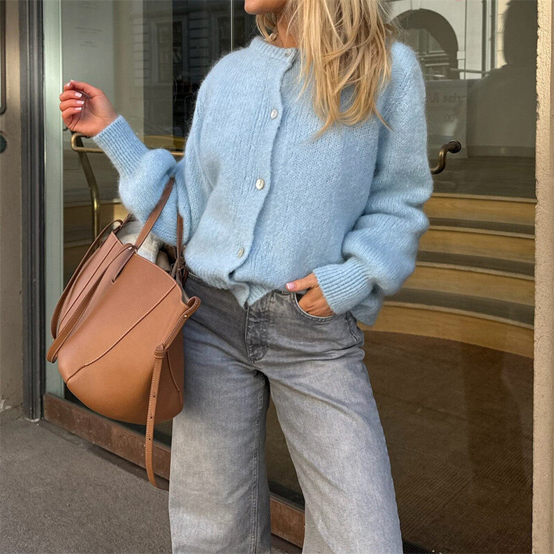 Lamuusaa y2k pulóverek 2000-es évek női egyszínű kerek nyakú, egysoros, hosszú ujjú kardigán felsők Meleg kötöttáru Utcai ruházat