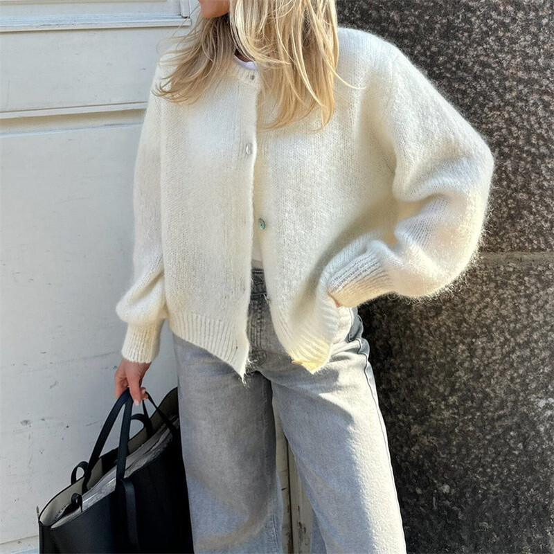 Lamuusaa y2k pulóverek 2000-es évek női egyszínű kerek nyakú, egysoros, hosszú ujjú kardigán felsők Meleg kötöttáru Utcai ruházat