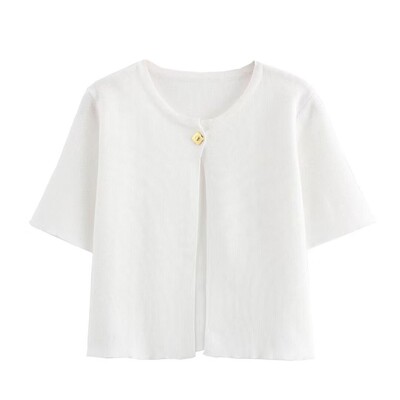 Cardigan tricot casual cu mâneci scurte pentru femei, subțire, cu gât rotund, pulover cu un singur piept, pentru femei, toamna 2024, tricotaje de modă solide pentru damă