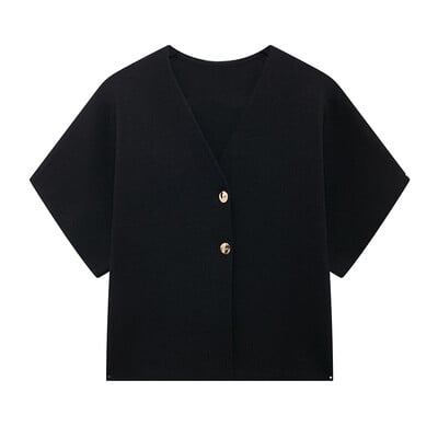 Cardigan tricot casual cu mâneci scurte pentru femei, subțire, cu gât rotund, pulover cu un singur piept, pentru femei, toamna 2024, tricotaje de modă solide pentru damă