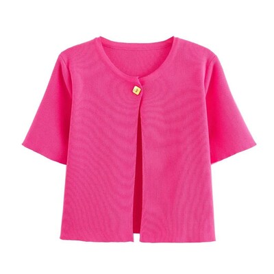 Cardigan tricot casual cu mâneci scurte pentru femei, subțire, cu gât rotund, pulover cu un singur piept, pentru femei, toamna 2024, tricotaje de modă solide pentru damă