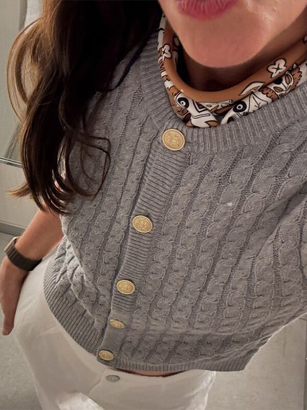 Cardigan tricot casual cu mâneci scurte pentru femei, subțire, cu gât rotund, pulover cu un singur piept, pentru femei, toamna 2024, tricotaje de modă solide pentru damă