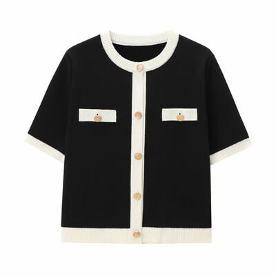 RZRA Cardigan tricotat cu mâneci scurte și cu gât rotund pentru femei, vara 2024, nou Ruili, culoare contrastantă, 1822/006