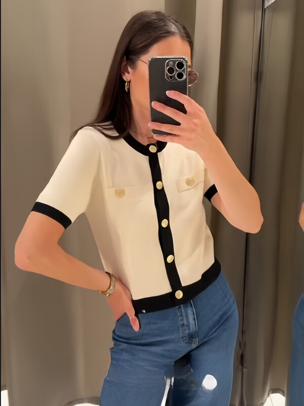 RZRA Cardigan tricotat cu mâneci scurte și cu gât rotund pentru femei, vara 2024, nou Ruili, culoare contrastantă, 1822/006