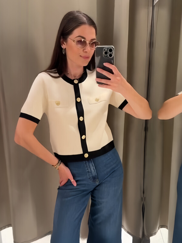 RZRA Cardigan tricotat cu mâneci scurte și cu gât rotund pentru femei, vara 2024, nou Ruili, culoare contrastantă, 1822/006