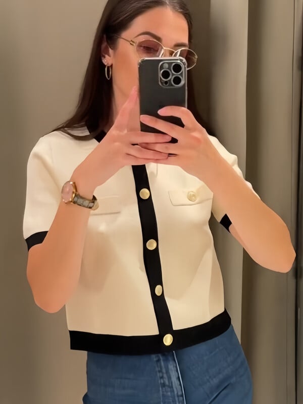 RZRA Cardigan tricotat cu mâneci scurte și cu gât rotund pentru femei, vara 2024, nou Ruili, culoare contrastantă, 1822/006