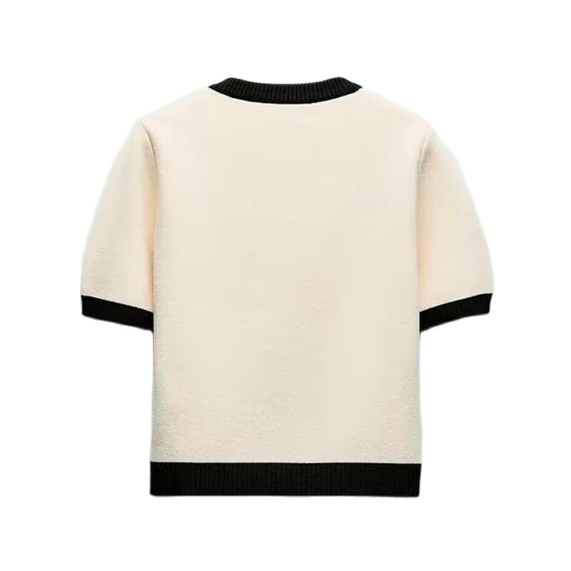 RZRA Cardigan tricotat cu mâneci scurte și cu gât rotund pentru femei, vara 2024, nou Ruili, culoare contrastantă, 1822/006