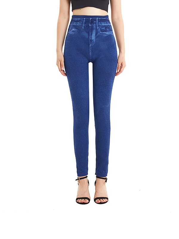 CUHAKCI Blugi albaștri falși de culoare solidă, elastici pentru femei, cu talie înaltă, jegging, ocazional, mai mari, jambiere sport moi, pantaloni falși din denim