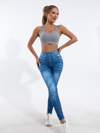 Új női trend skinny imitáció farmer mintás vágott nadrág szexi magas sztreccs leggings csípő emelő hamis zsebre vágott nadrág