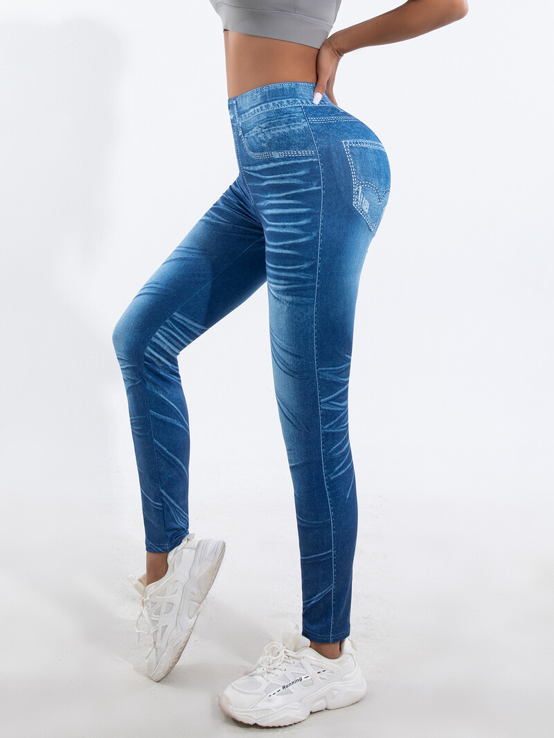Új női trend skinny imitáció farmer mintás vágott nadrág szexi magas sztreccs leggings csípő emelő hamis zsebre vágott nadrág