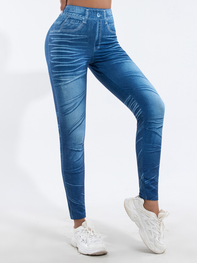 Új női trend skinny imitáció farmer mintás vágott nadrág szexi magas sztreccs leggings csípő emelő hamis zsebre vágott nadrág