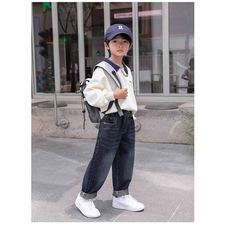 2024 m. berniukams Madingi Džinsai Vaikiškos laisvos laisvalaikio kelnės Pavasaris Ruduo Nauji Vaikams elastingos juosmens kišeninės kelnės 5–14 m.