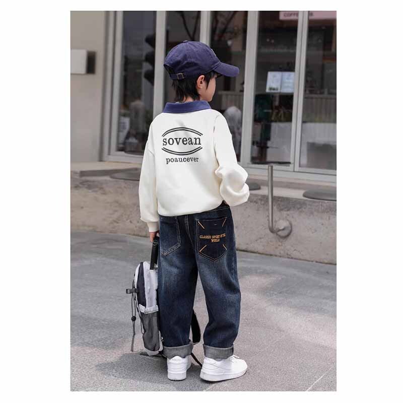 2024 m. berniukams Madingi Džinsai Vaikiškos laisvos laisvalaikio kelnės Pavasaris Ruduo Nauji Vaikams elastingos juosmens kišeninės kelnės 5–14 m.