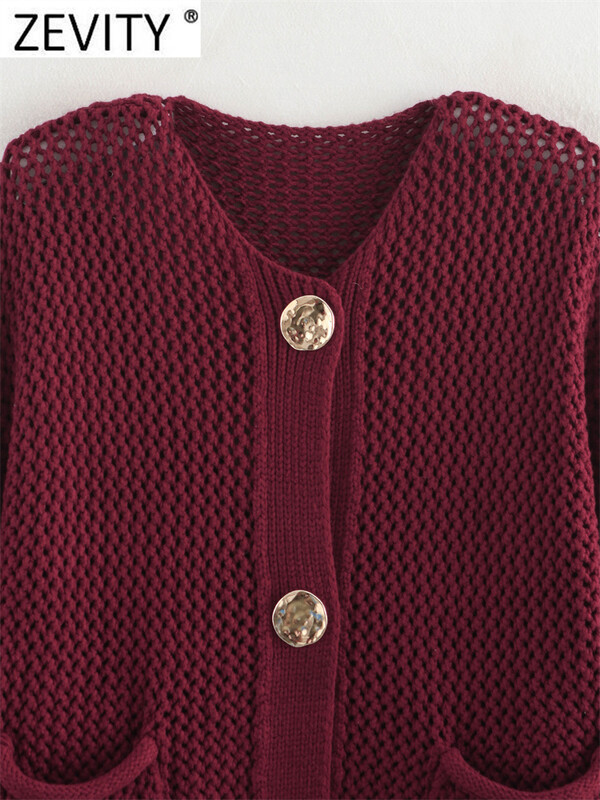 Zevity New Női O nyak durva tű hosszú ujjú kötött pulóver dzseki női elegáns zsebek Design Crop kabátok elegáns felsők CT6280