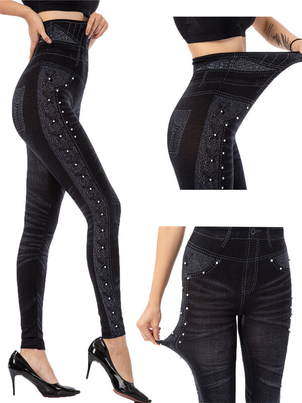 LJCUIYAO Push Up Zökkenőmentes magas derekú Műfarmer Jean leggings Női Elasztikus Jeggings Nyomtatás Alkalmi ceruza nadrág Mujer Dropship