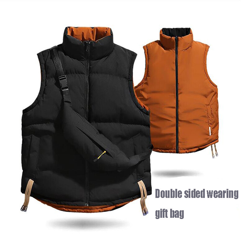 2024-es téli mellény, meleg, vastag, kétoldalas viselet divatos harajuku koreai mellény, ujjatlan férfi dzseki hátizsák kabátokkal férfi