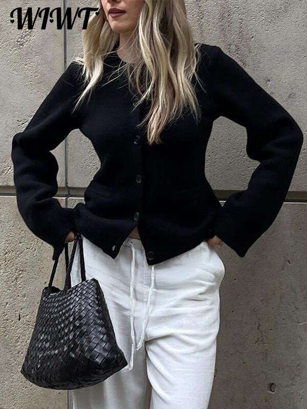 Vékony, kötött gombok Női kardigán Elegáns O-nyakú, egysoros, hosszú ujjú zsebek Pulóver 2024 őszi női alkalmi kötöttáru