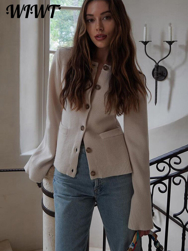 Vékony, kötött gombok Női kardigán Elegáns O-nyakú, egysoros, hosszú ujjú zsebek Pulóver 2024 őszi női alkalmi kötöttáru