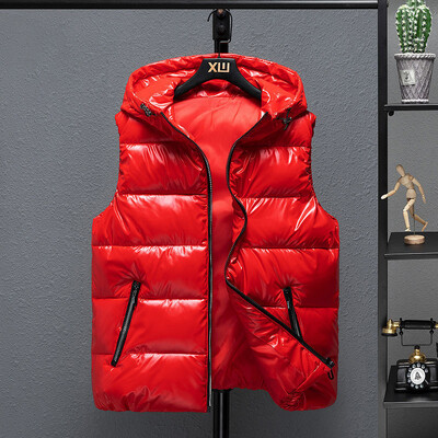 2021 vestă cu glugă îngroșată pentru bărbați, iarnă, caldă, căptușită din bumbac, de culoare uni, vestă impermeabilă, cu fermoar mare