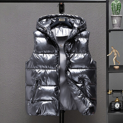 2021 vestă cu glugă îngroșată pentru bărbați, iarnă, caldă, căptușită din bumbac, de culoare uni, vestă impermeabilă, cu fermoar mare