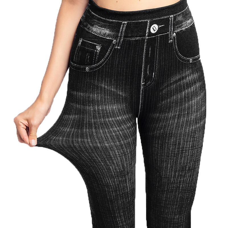 CUHAKCI Hlače s visokim strukom s lažnim rupicama i printom na džepovima, ženske hlače za vježbanje, joga, umjetne traperice, rastezljive uske plave jeggings