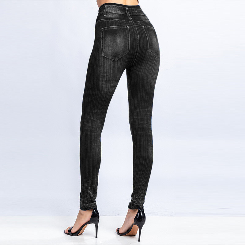 CUHAKCI Hlače s visokim strukom s lažnim rupicama i printom na džepovima, ženske hlače za vježbanje, joga, umjetne traperice, rastezljive uske plave jeggings