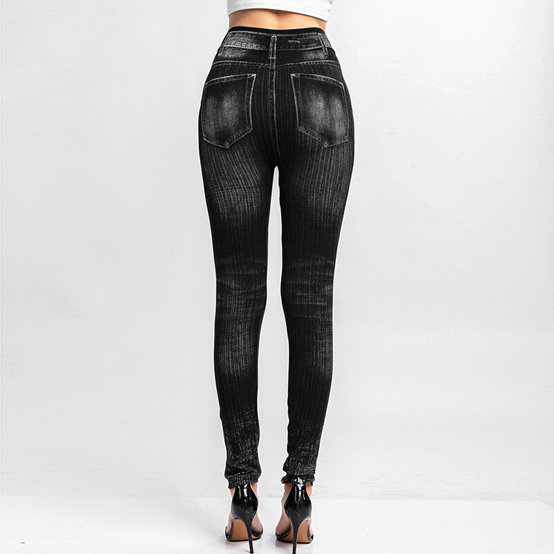 CUHAKCI Hlače s visokim strukom s lažnim rupicama i printom na džepovima, ženske hlače za vježbanje, joga, umjetne traperice, rastezljive uske plave jeggings