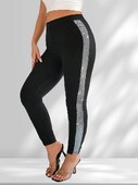 Nagy méretű 1XL-5XL női flitter Patchwork leggings Alkalmi középen emelkedő leggings Elegáns elasztikus nadrág