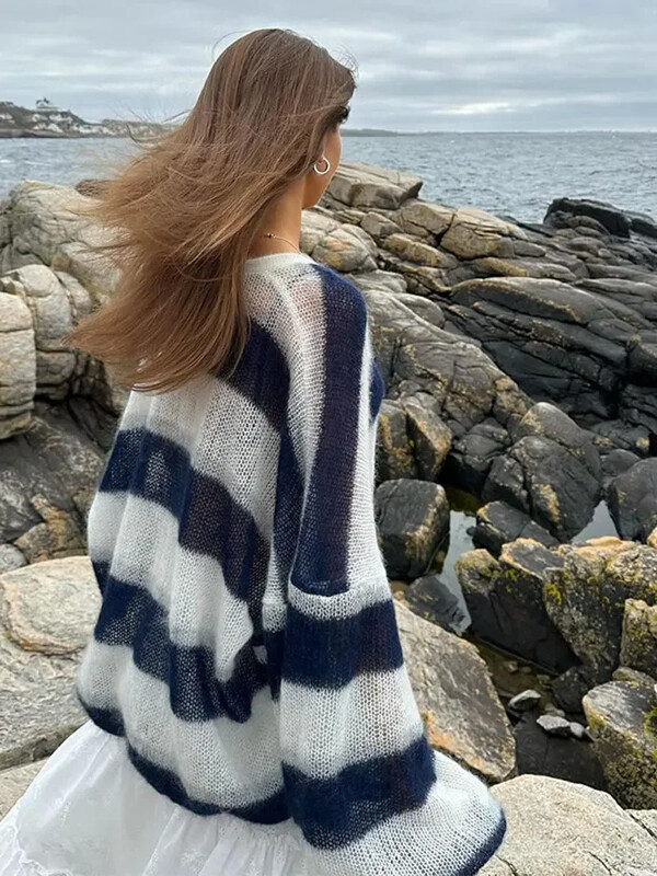 Naiste kontrastne triibuline silmkoeline kardigan salliga, pikkade laternavarrukatega kampsuntopid 2024 High Street Lady kudum ﻿