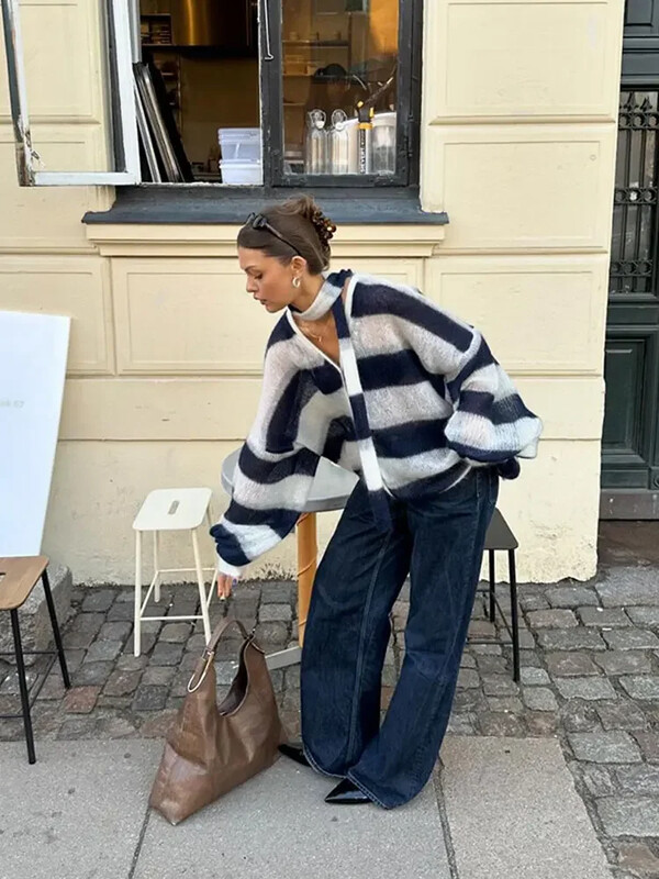 Naiste kontrastne triibuline silmkoeline kardigan salliga, pikkade laternavarrukatega kampsuntopid 2024 High Street Lady kudum ﻿