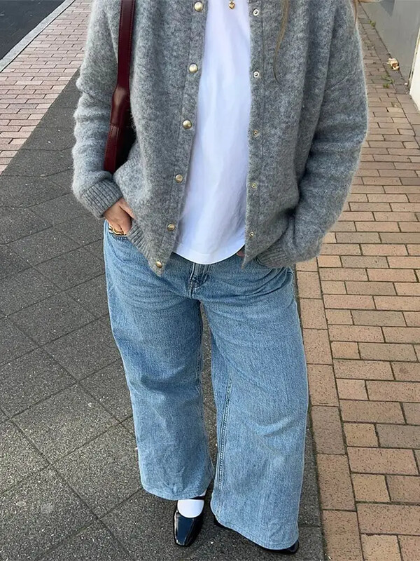 Elegante gri pentru femei cardigan cu gât rotund la modă cu buton auriu cu mâneci lungi pulover cald 2024 șic toamna femeie casual streetwear