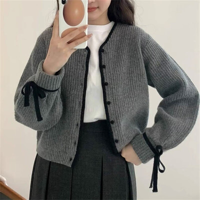 Koreai divatos masni kardigán női elegáns vintage rövid kötöttáru felsők alkalmi V-nyakú pulóverek őszi édes kötött pulóver női