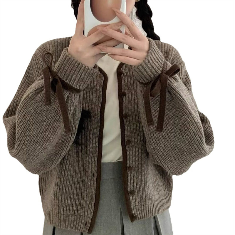 Koreai divatos masni kardigán női elegáns vintage rövid kötöttáru felsők alkalmi V-nyakú pulóverek őszi édes kötött pulóver női