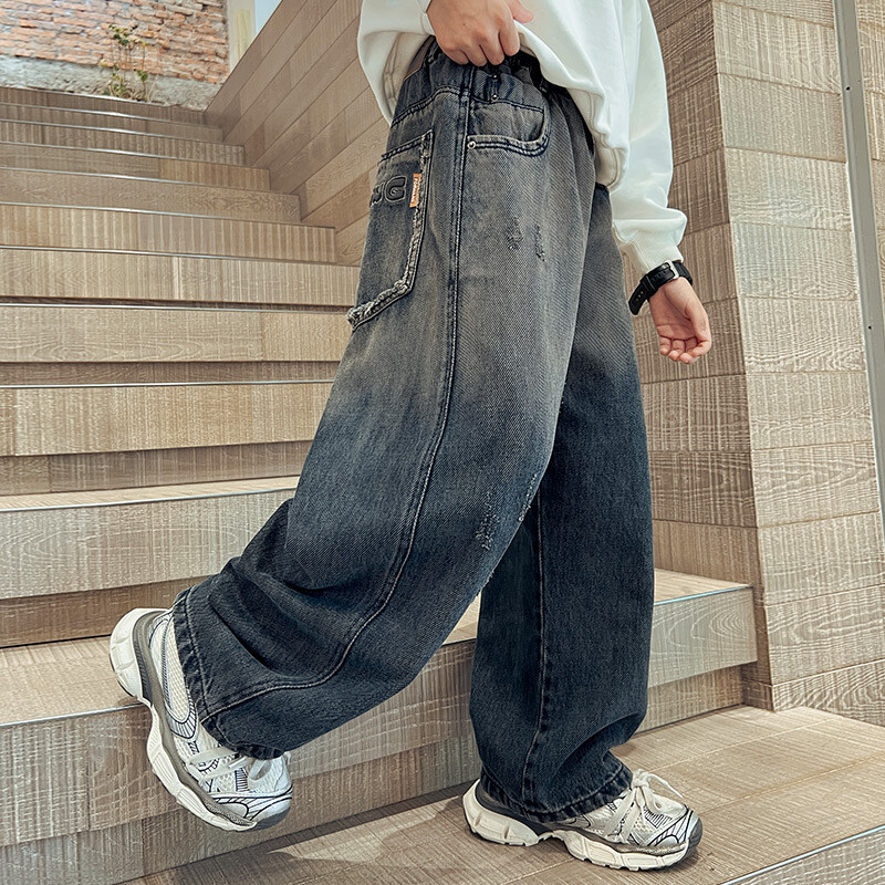 Tinédzserek Fiúk Farmer Új gyerekek széles szárú farmer nadrág gyerekeknek bő zsebek nadrágok tavasz ősz 4 6 8 10 11 12 13 14 év