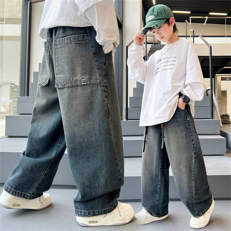 H81168 Versiunea coreeană a băieților Street Dance Blugi Pantaloni lați pentru copii Studenți Blugi pentru copii Pantaloni din denim cu picioare drepte