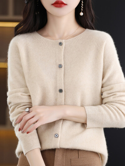 Moteriškas kašmyro megztinis 100 % merino vilnos megztas megztinis rudens žiemos trikotažas O formos kakleliu moteriškas vienspalvis laisvalaikio mados viršus