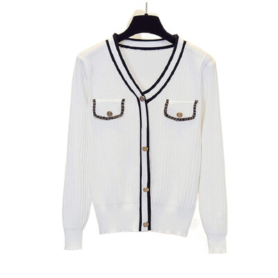 Sieviešu džemperis ar V kakla izgriezumu korejiešu modes stils Elegants trikotāža Pavasara šiks vintage slaids džemperis ar garām piedurknēm