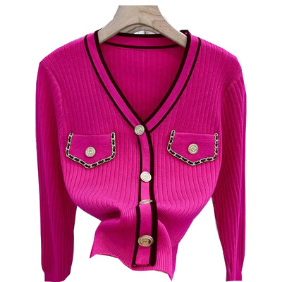 Sieviešu džemperis ar V kakla izgriezumu korejiešu modes stils Elegants trikotāža Pavasara šiks vintage slaids džemperis ar garām piedurknēm