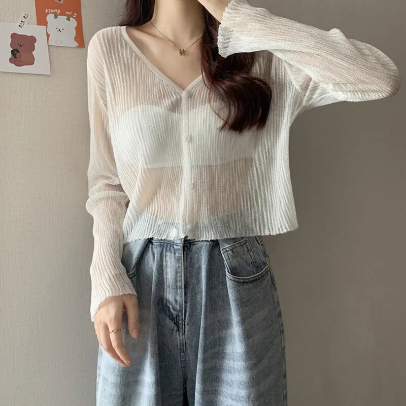 Cardigan de vară Rimocy cu decolteu în V pentru femei 2024, ocazional, pulover transparent, cămăși pentru femei, simplu, subțire, de culoare solidă, îmbrăcăminte pentru femei, crop top