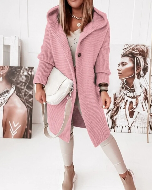Női kardigán őszi divat, gombos elülső alkalmi sima, hosszú ujjú, kötött laza napi hosszú kapucnis kardigán új felsőruházat