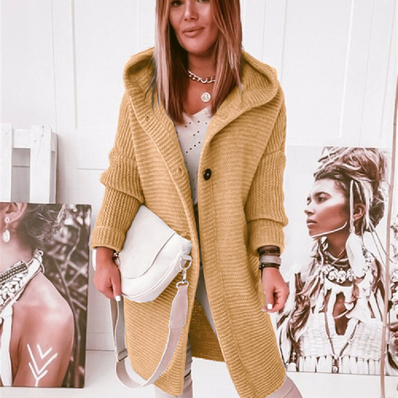 Női kardigán őszi divat, gombos elülső alkalmi sima, hosszú ujjú, kötött laza napi hosszú kapucnis kardigán új felsőruházat